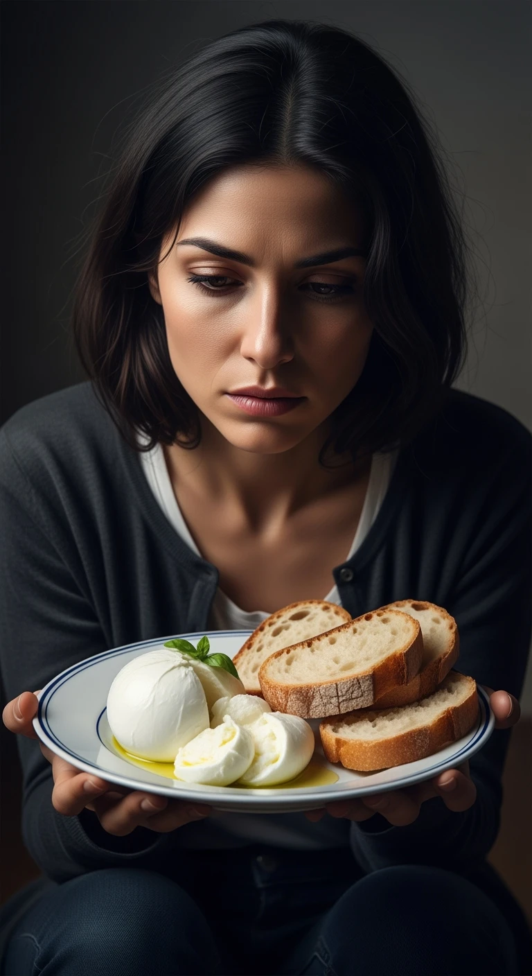 donna con espressione triste davanti ad un piatto di cibo con mozzarella e pane, iperrealistico 4k emoji
