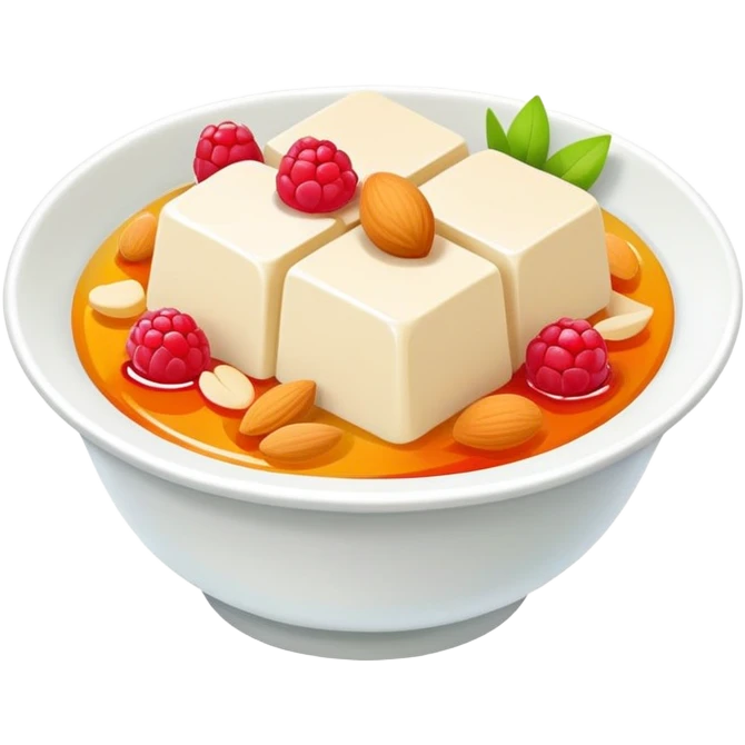 Almond tofu dessert with fruit topping, simplified emoji style with bold outlines and bright colors, cartoon style Xing Ren Doufu jelly emoji