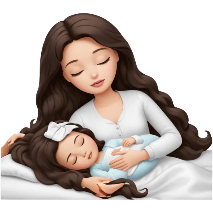 White Barbie girl dark brown long wavy hair in white clothes sleeping with white baby at cream bed, eyes are closed emoji