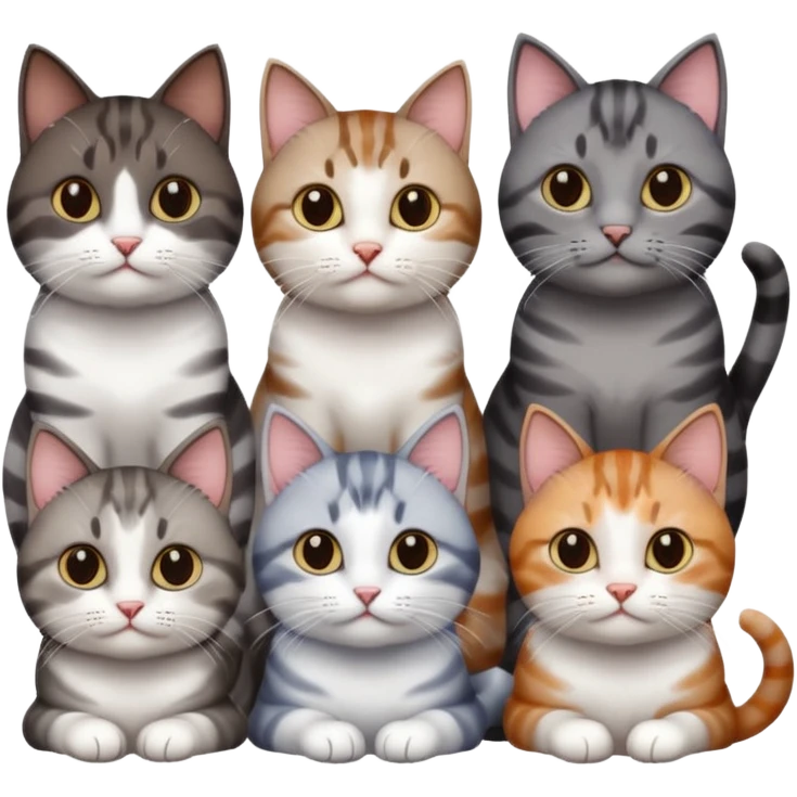 4 different coloured short haired cats including; a dark brown tabby and white cat, and a dark grey and white  emoji