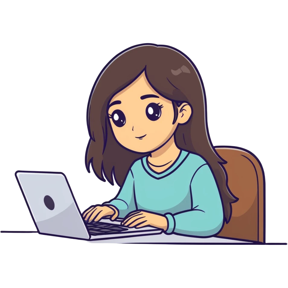 Beautiful Armenian girl, brunette, long hair, Black eyes, typing on laptop emoji