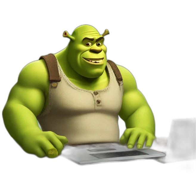 Shrek using laptop sitting on desk emoji