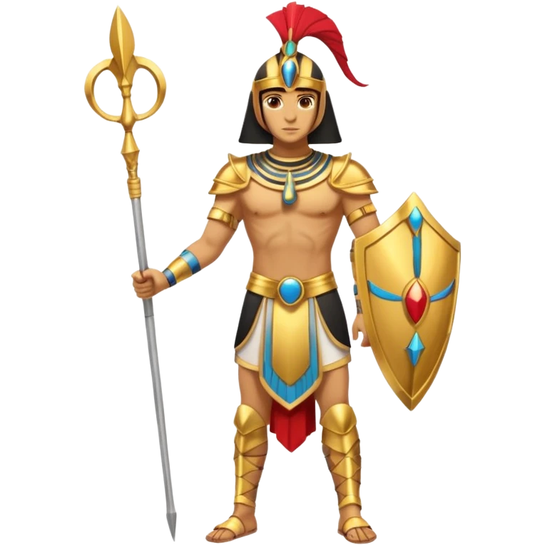 fullbody egyptian ancient soldier with spear and golden armor, gold spear, gold helmet, no shield, only gold colors, no red or blue emoji