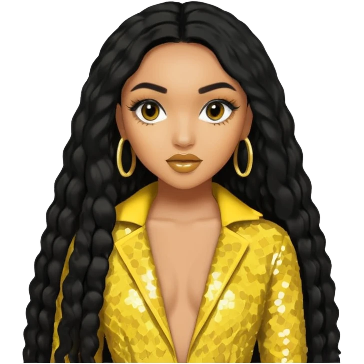 Leigh-Anne Pinnock from Little Mix with long black hair, yellow sequin outfit emoji