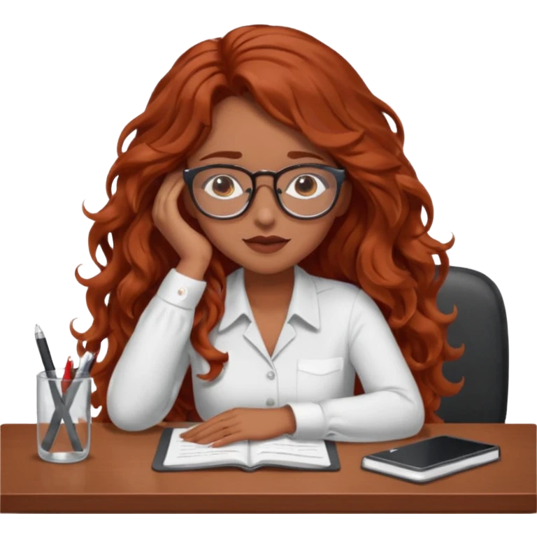 Pretty brown model, brown eyes, soft long red wavy hair, falling asleep at desk emoji
