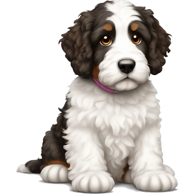 white bernedoodle with brown spots sitting  emoji