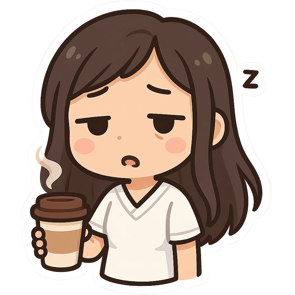 3D chibi bitmoji style sticker of a girl with long dark hair, white medical top, holding a coffee cup and looking sleepy, white outline emoji
