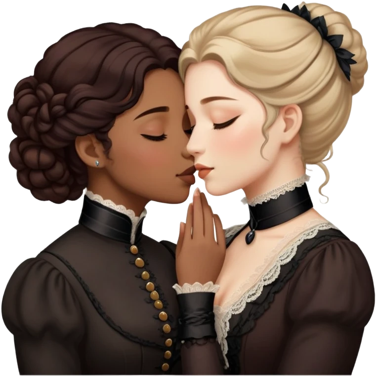 Victorian era lesbian couple kissing tenderly, eyes closed, different hair colors, wearing elegant dark period clothing emoji
