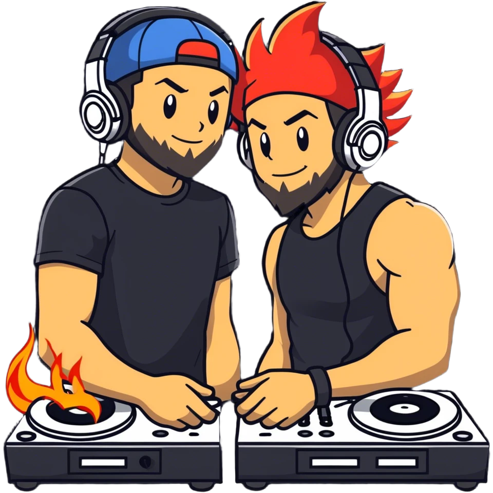 Hot handsomeb muscular 6ft tall smiling happy ash ketchum being a  dj and his music is on fire while kissing a friend who has a beard emoji