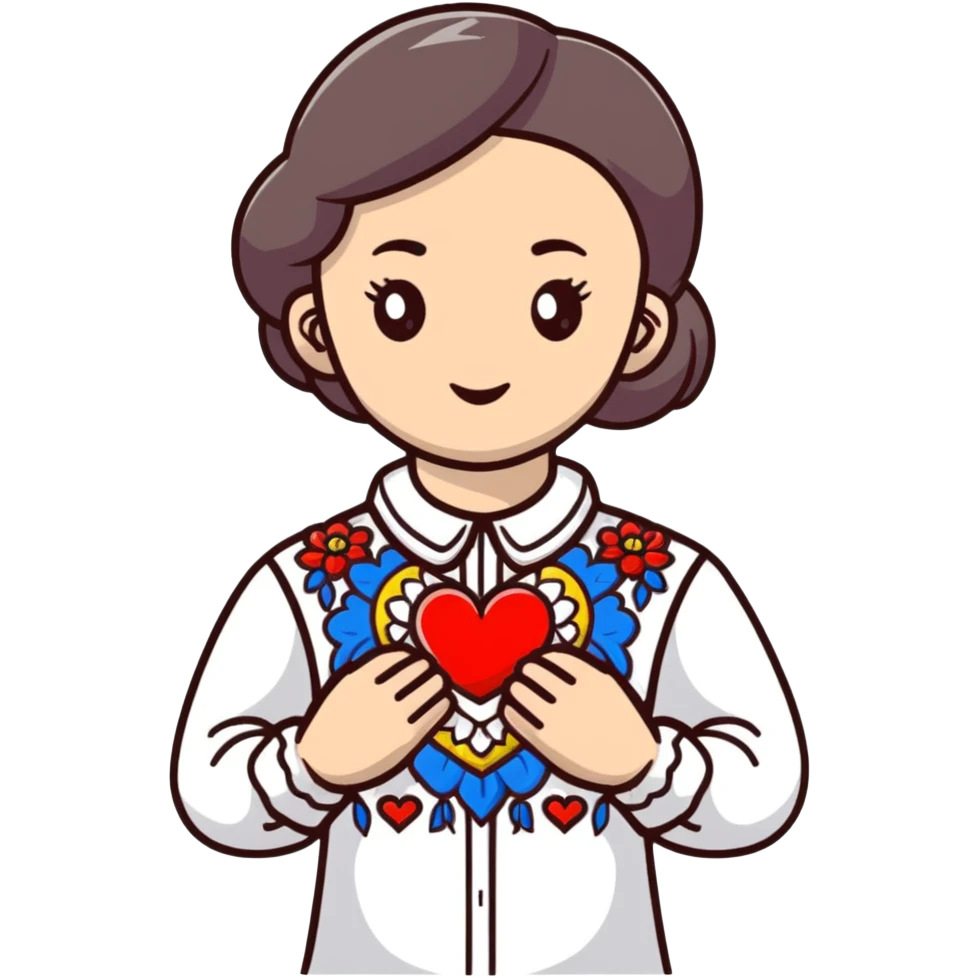 beautiful young girl in a white Ukrainian embroidered shirt clutching a large embroidered heart emoji