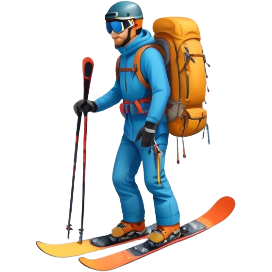 Icon for Mountain Tourism: a snow-covered peak in the distance, with skis, a snowboard, climbing gear, a backpack, and a camera. The icon should represent the adventure and exploration of mountain landscapes. Transparent background. emoji