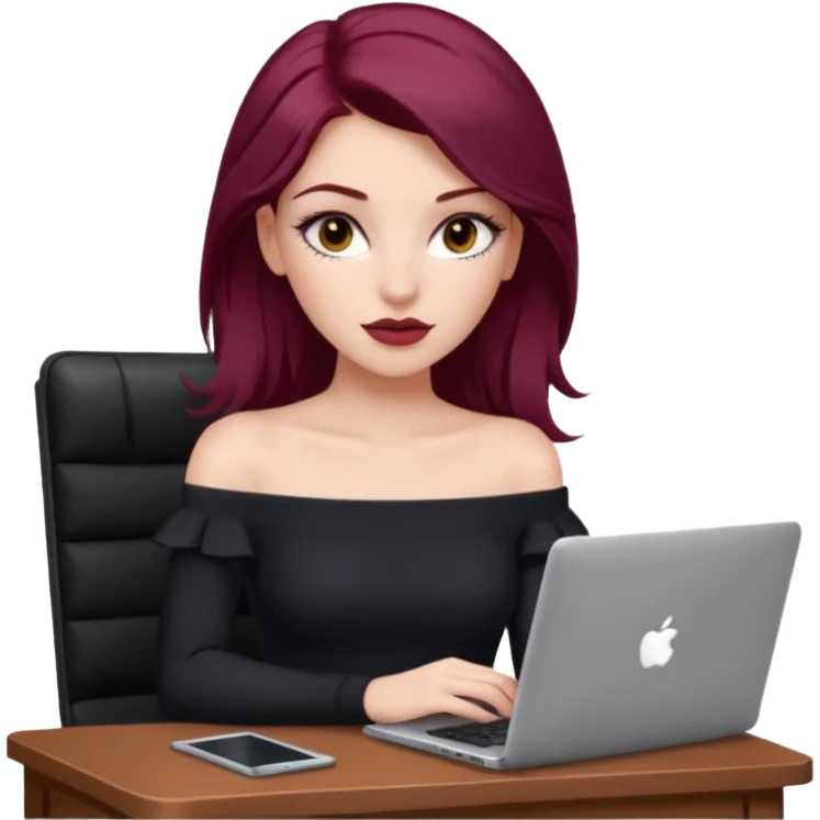 white girl, long blow-out style with middle part, burgundy hair, brown eyes, long eyelashes, full lips, off the shoulder black fitted top, laptop in front  emoji