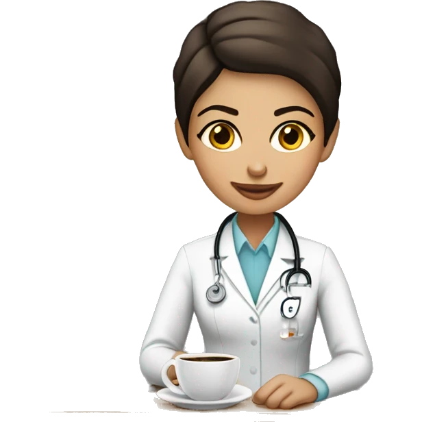 doctora morena de pelo largo con un café trabajando  emoji