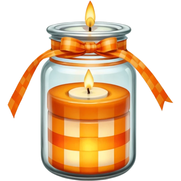 Glass jar with a candle in it and an orange checkered ribbon emoji