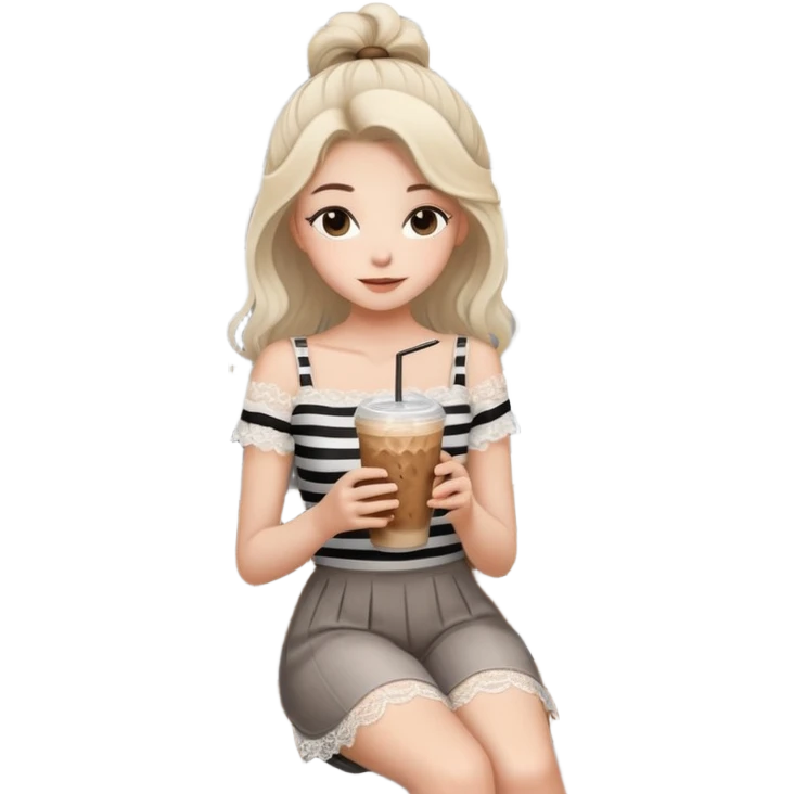 Minimalist girl holding an iced coffee in a chic cafe setting, white lace top, soft natural hair, modern gray striped wall, wooden bench, aesthetic and cozy mood ☕🌿🤍” emoji