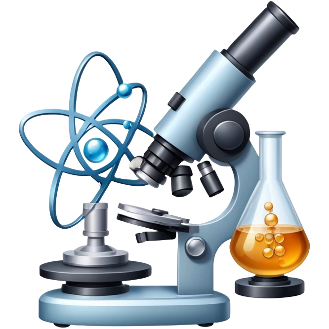 An icon featuring a microscope, a metal sample, and atomic structure symbols, symbolizing materials science. The design includes crystal lattices, polymers, and lab tools, representing the study of material properties and engineering. Transparent background highlights scientific analysis. emoji