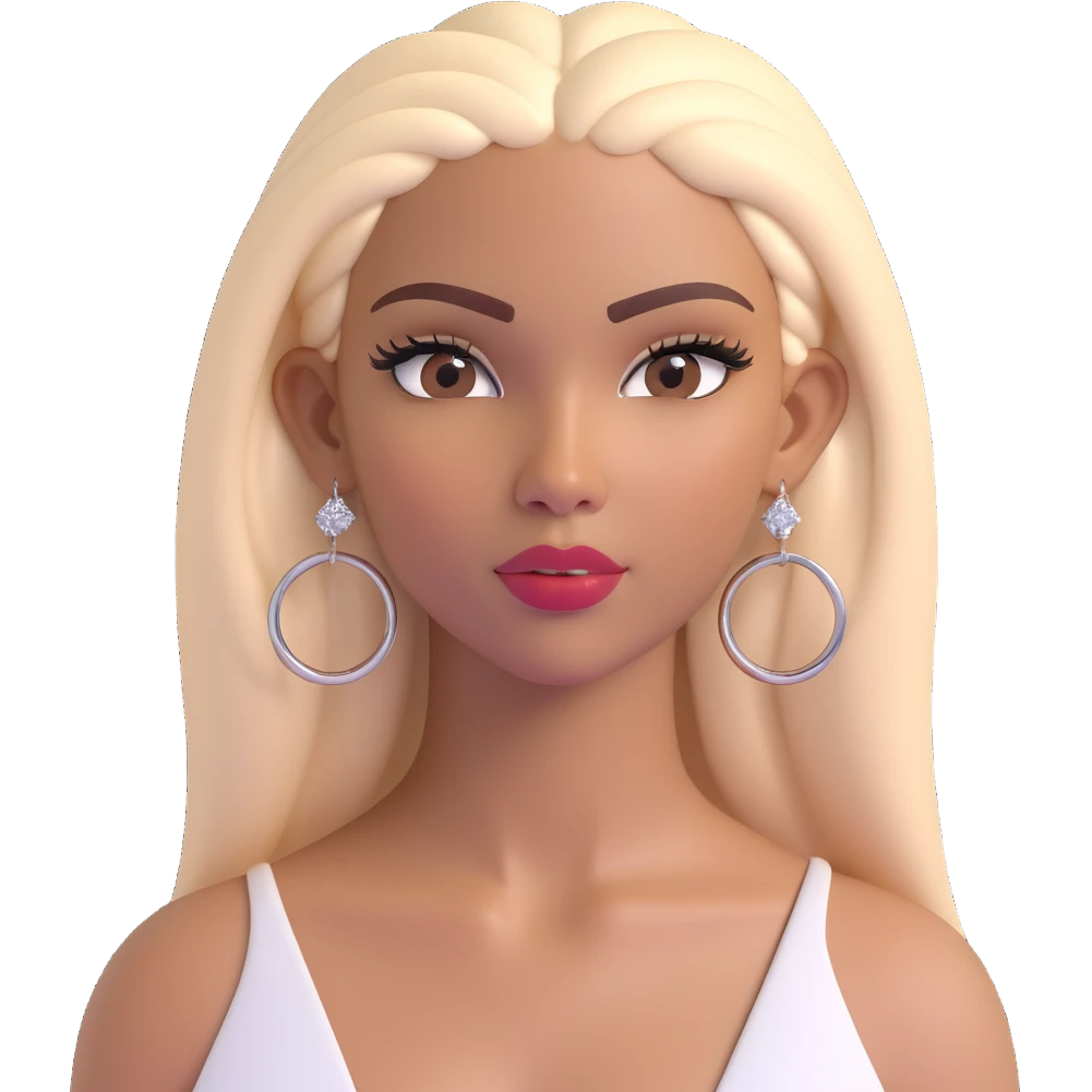 emoji-style head of a young Dominican woman inspired by Yailin La Más Viral, light brown skin, long straight platinum blonde hair, arched eyebrows, long lashes, glossy lips, stylish makeup, confident diva-like expression, bold hoop earrings, modern urban vibe, fierce and glamorous emoji