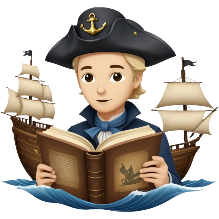 Reading Fiction: a sailing ship made of book pages floating on waves, with swashbuckling musketeers on horseback and a detective silhouette resembling Sherlock Holmes in the background. The icon should capture the adventurous and romantic spirit of classic literature. Transparent background. emoji