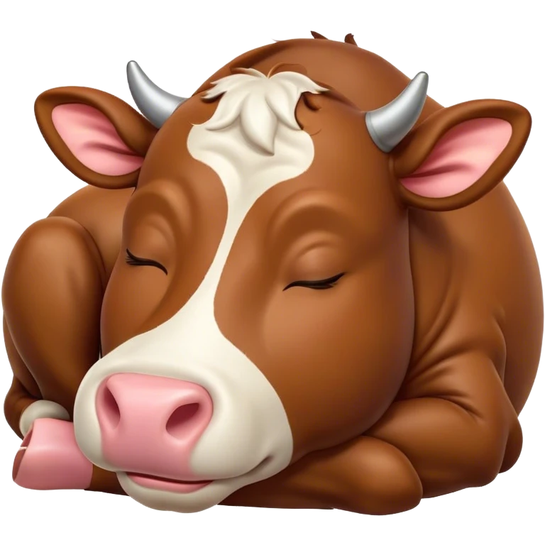 Meme-Worthy Cute Sleeping Brown Cow Portrait Emoji, Head resting peacefully with a contented smile, showcasing a robust build and a luxuriously soft deep brown hide, eyes shut in a serene, restful nap, Simplified yet hilariously adorable features, highly detailed, glowing with a soft, drowsy light, high shine, relaxed and utterly lovable, stylized with an air of playful laziness, bright and heartwarming, soft glowing outline, capturing the essence of a comically sleepy cow, so meme-worthy it feels like it could instantly become the next viral sensation of adorable slumber! emoji