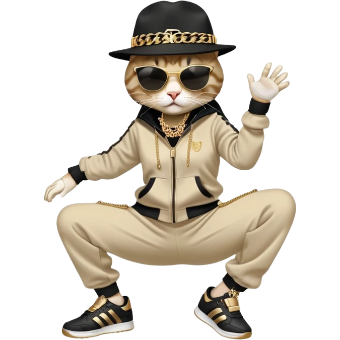 female cat dressed like Run DMC in tracksuit, fedora, Adidas shoes, dark sunglasses, lots of gold chains and bling accessories, break dancing emoji