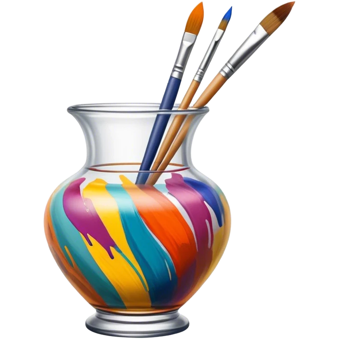 Glass painting icon, colorful brushstrokes on a glass vase, intricate painted patterns on the surface, visible fine paintbrush and palette beside it, no liquid inside the vase, minimalistic style, clean lines, transparent background. emoji