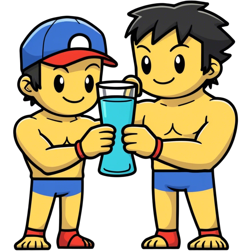 Hot handsome muscular 6ft 5inch tall smiling happy fun shirtless Ash Ketchum hugging his best friend while using a glass in the shape of a traditional beaker emoji