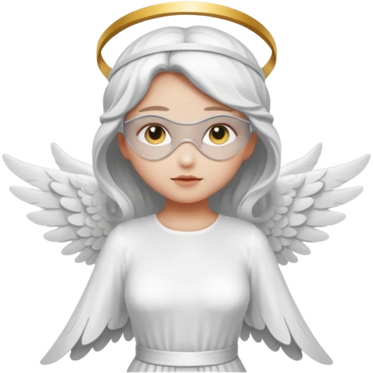angel with white blindfolds on eyes don't show eyes, white dress, light gray skin and  two large wings emoji
