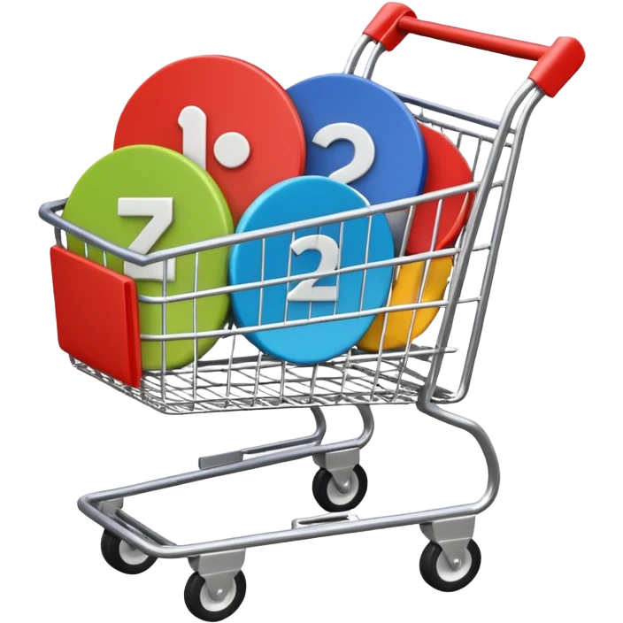 shopping cart containing several circular play button symbols, colored #DEEB52 and #102C3D, no red emoji