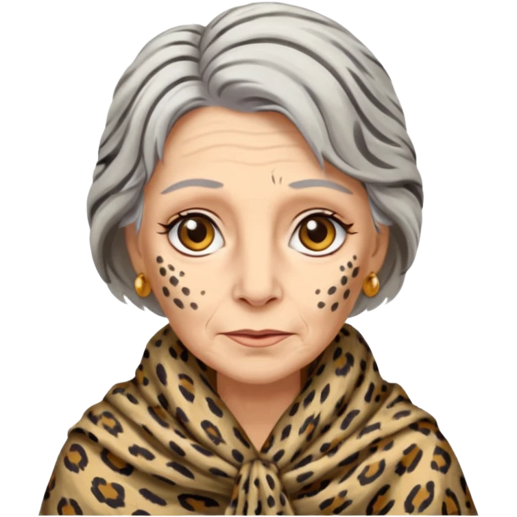 ancient white woman, tattered leopard skin shawl emoji