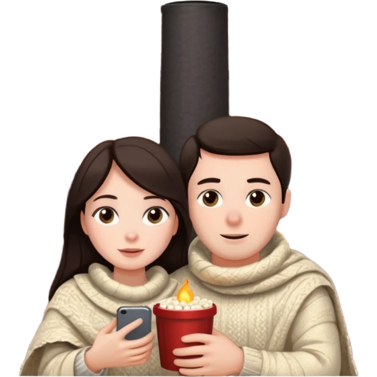 woman with dark hair with her husband at home near chimney watching movie under blanket cozy vibe emoji