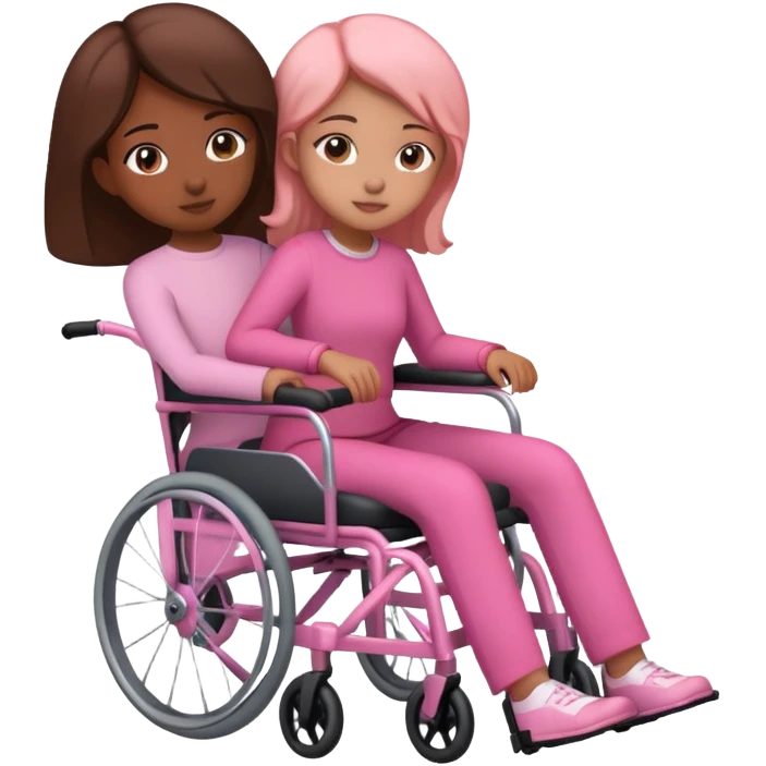 One peach skin sister pushing her brown skin sister in a pink wheelchair emoji