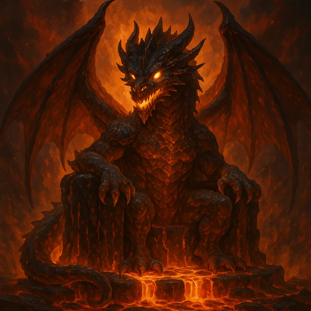 fire lord dragon, sitting on a throne of lava, glowing eyes, fantasy art, fantasy style emoji