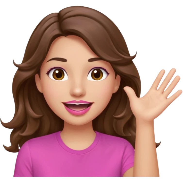 girl with long wavy brown hair, brown eyes, light to medium complexion, in a pink shirt, pink lips, long lashes, puckered lips, both hands all the way upin the air cheering emoji