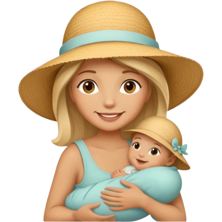 A mom in a sunhat holding her baby gently while smiling softly. emoji