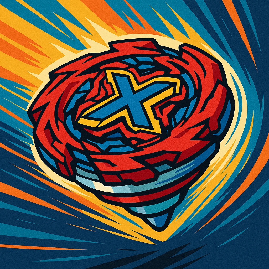 Beyblade X spinning top, dramatic motion blur, colorful, toy style emoji