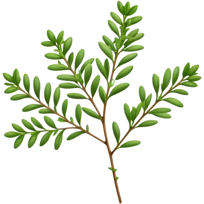 Cinematic Realistic Thyme Emoji, Compact and earthy, with tiny green leaves densely packed on delicate stems. The soft fragrance of the leaves fills the air, creating an atmosphere of warmth and subtle richness. Soft glowing outline, capturing the essence of simplicity and natural healing in a sprig of thyme! emoji