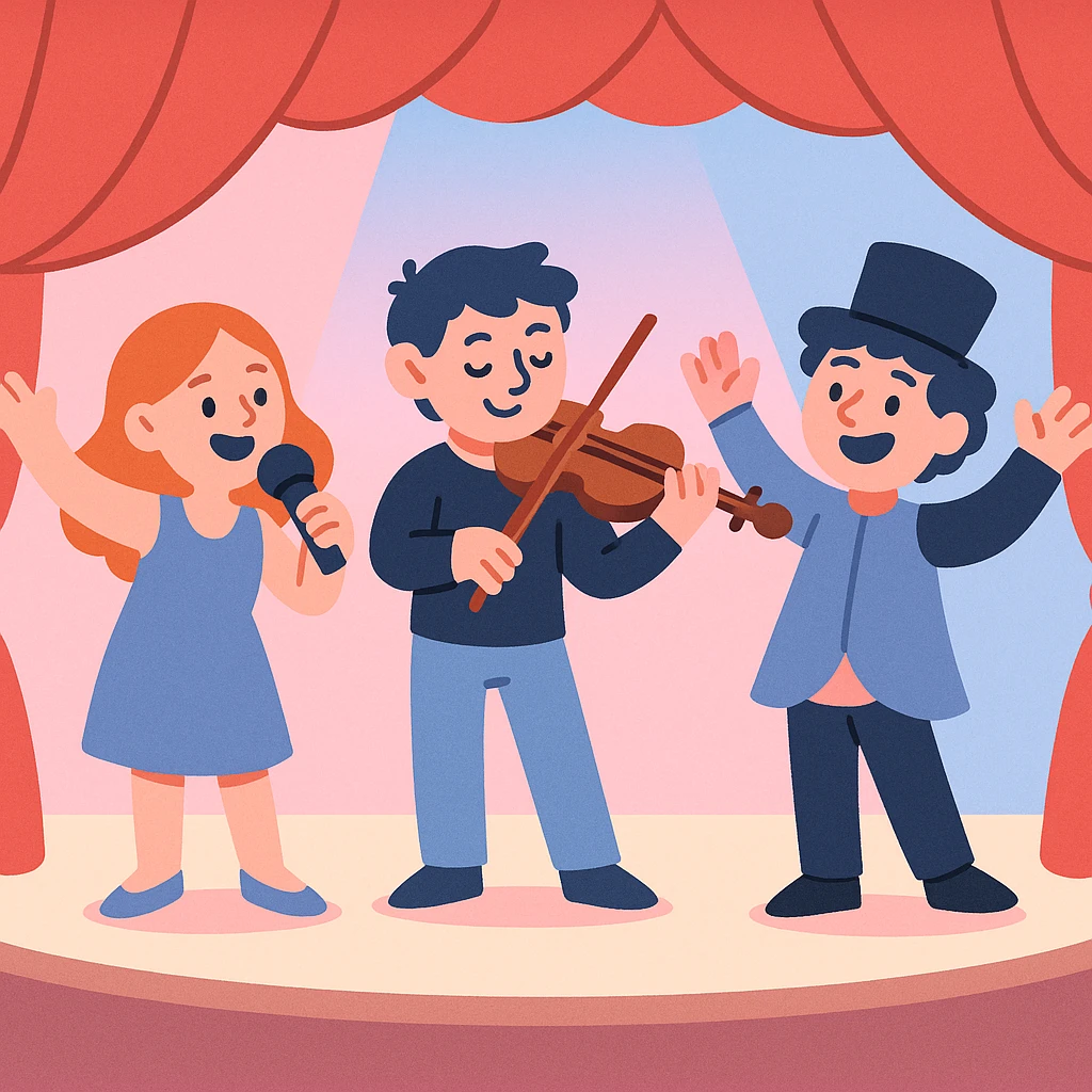 theatre stage with red curtains, pastel pink and blue lighting, gentle and whimsical, modern illustration style emoji