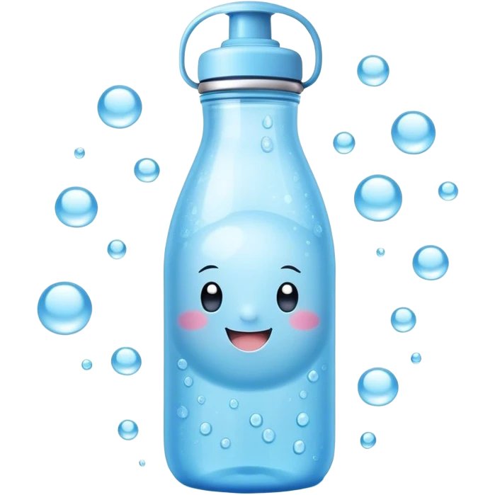 Cute Kawaii Water Bottle, round and bubbly, soft blue with tiny water droplets around, a happy smiling face, gentle glowing highlights, fresh and refreshing vibes! emoji