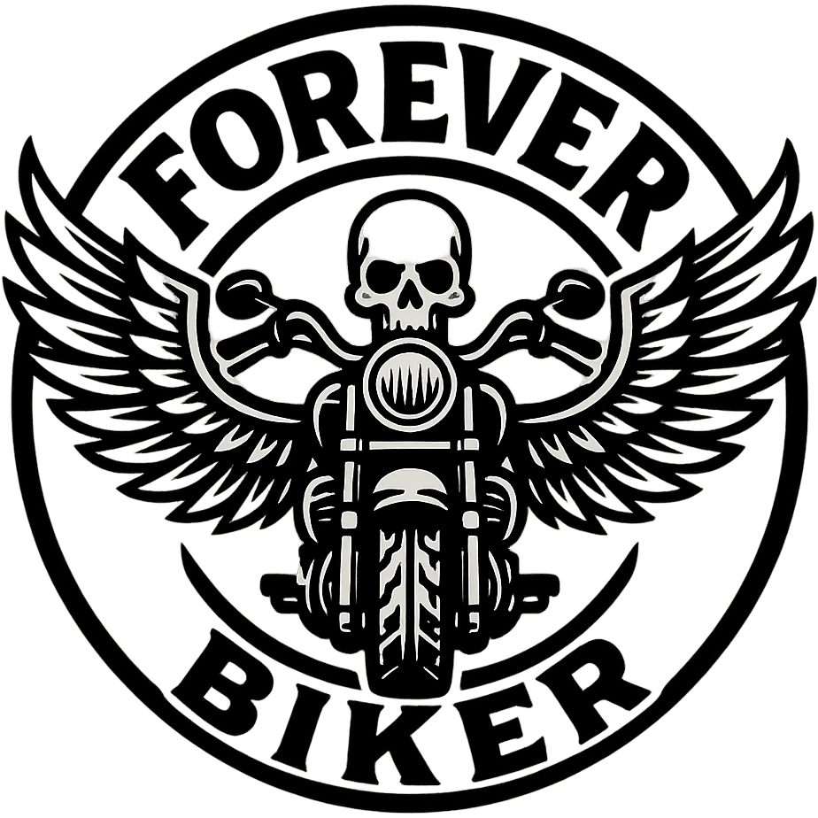 circular transparent background design for motorcycle cap, text 'FOREVER BIKER', motif: motorcycle, wing, skull, iconic style emoji