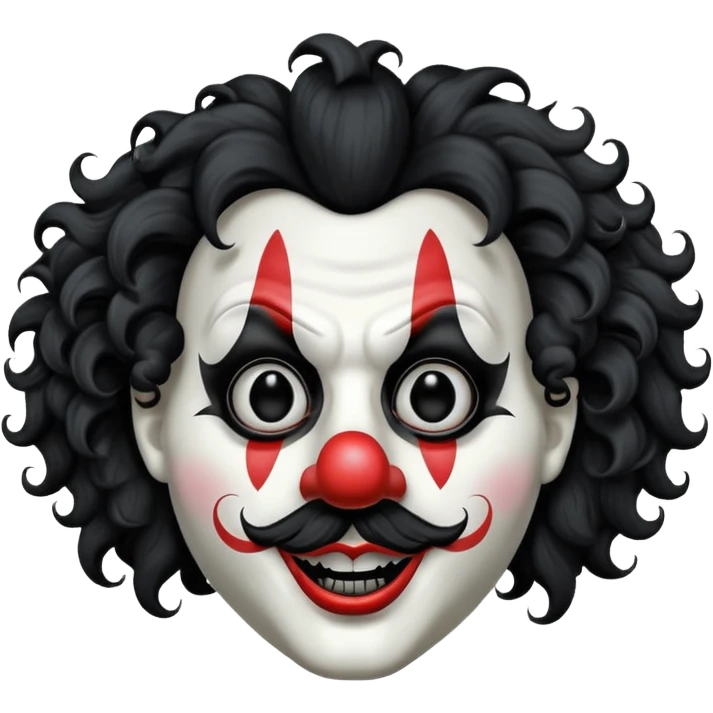 generate white clown mask emoji with a big curly black hair 

black coloured  lips and no teeth, no red nose but instead long and pointy white nose with no nostrils, pitch black eyes with no pupils, no brows emoji