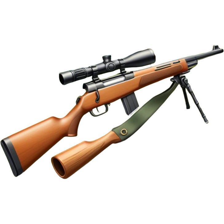 Icon for Hunting Tourism: hunting rifle, surrounded by nature elements like trees, mountains, and wildlife tracks. The icon should represent the adventure and exploration of hunting tourism. Transparent background. emoji
