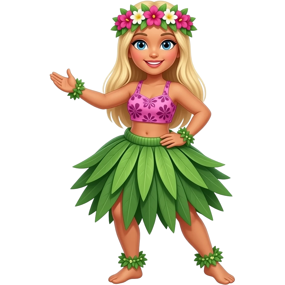Full body with legs and feet Hawaiian hula dancer with straight blonde hair and blue eyes and a flower crown and a pink printed cropped top emoji