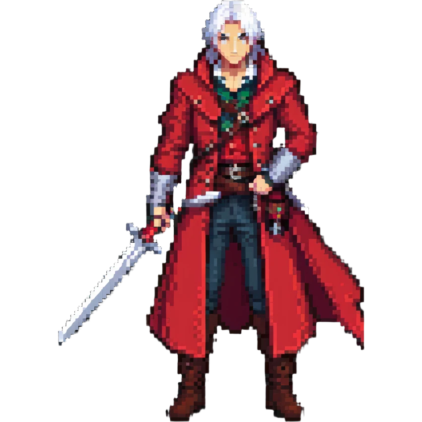 Dante from Devil May Cry with white hair, red coat, sword emoji