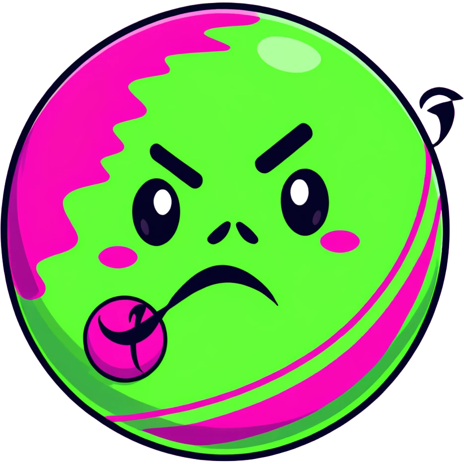 magenta pink planet with swirls and an angry scowling face emoji