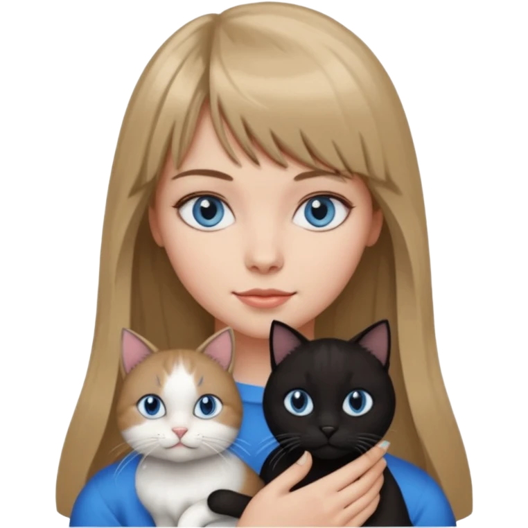 Apple-style emoji sticker of a young woman with long dark blond hair and bang, blue eyes , holding a black and white cat emoji