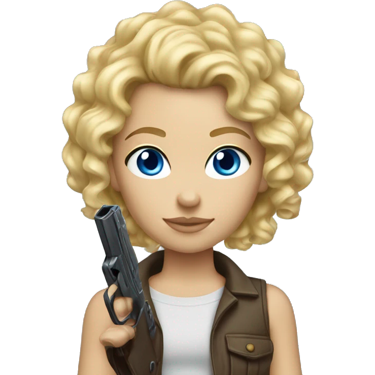 blonde curly hair blue eyes with shot gun emoji