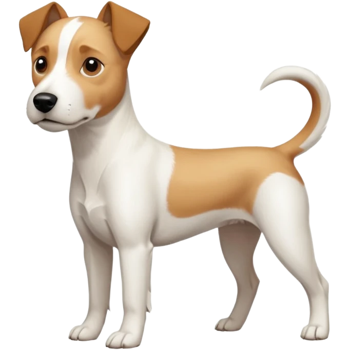 a full body facing front on of a buff white parson russell terrier looking dog the size of a kelpie with light brown long ears resting on its face and a light brown patch above one eye and a large snout. the rest of the dog is completely white.  emoji