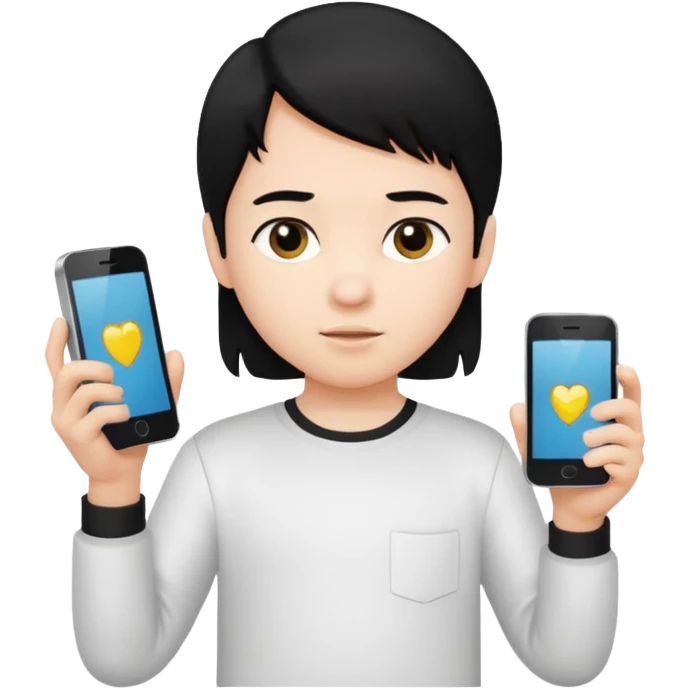 un niño de entre 3 - 10 años jugando con su celular (pelo negro y polo blanco) emoji