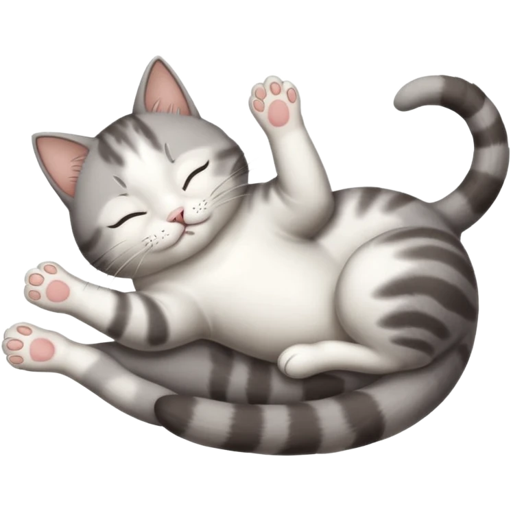 grey and white small cat eyes closed lying down upside down with paws stretched out straight in different directions emoji