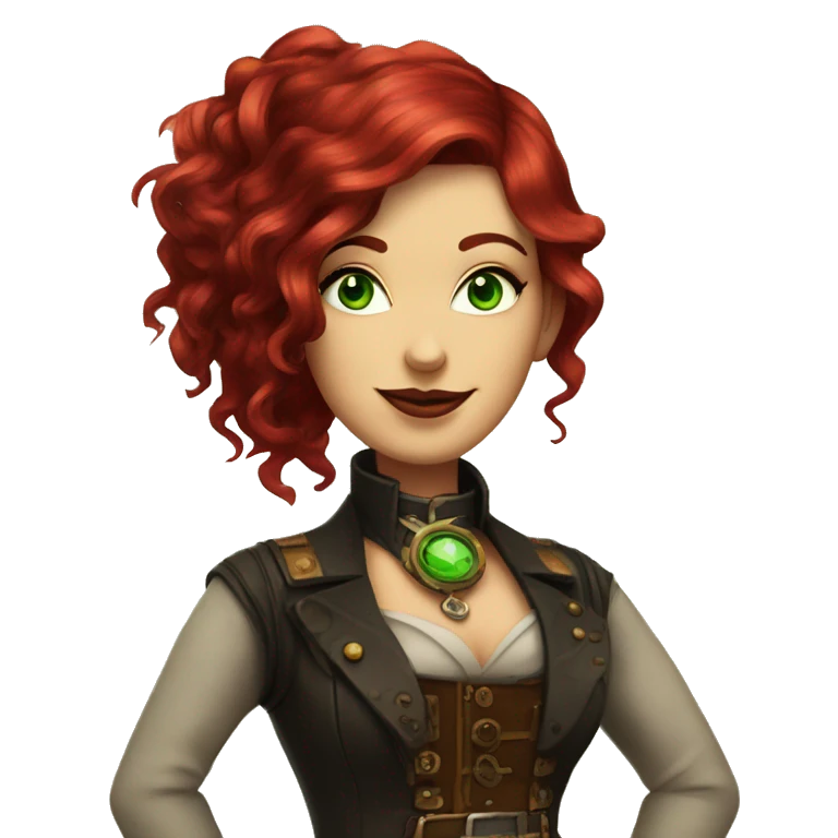 a steampunk woman with ruby red hair and green eyes looking pleased emoji